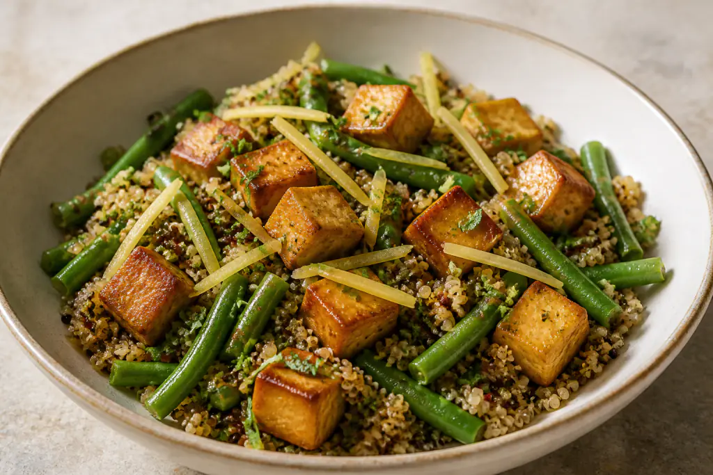 Afghan-Inspired Diabetes-Friendly Tofu Quinoa Green Bean Bowl