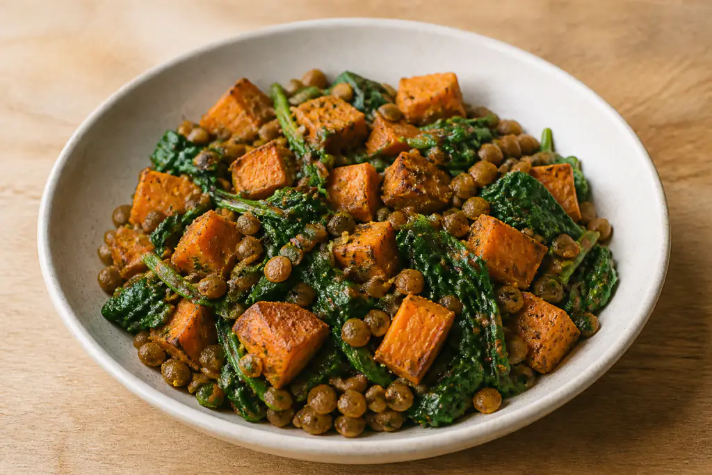 Afghan-Inspired Vegan Lentil Sweet Potato Spinach Bowl