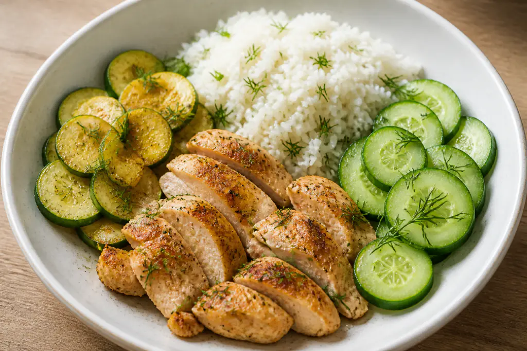 Albanian-Inspired Kidney-Caution Chicken Rice Cucumber Plate