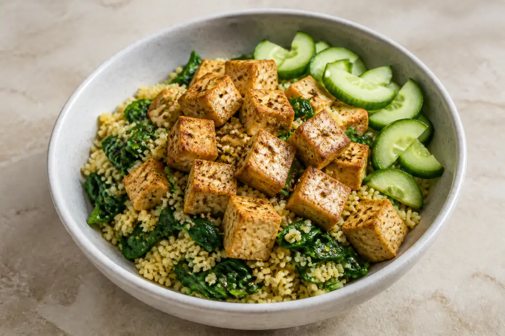 Albanian-Inspired PCOS-Friendly Tofu Millet Spinach Bowl