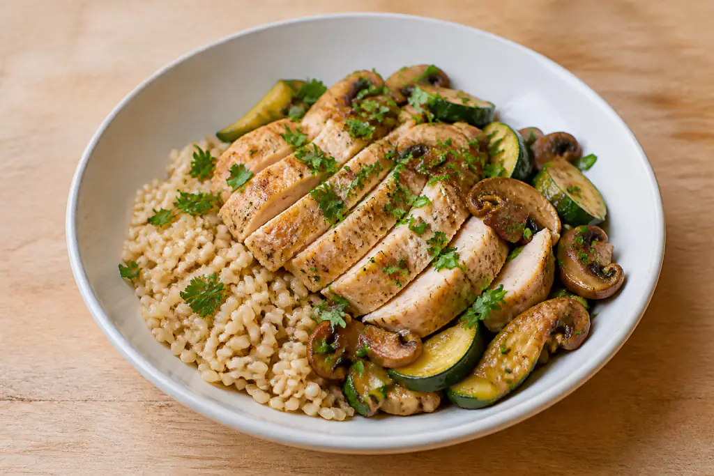 Algerian-Inspired Fatty-Liver-Caution Chicken Brown Rice Mushroom Bowl