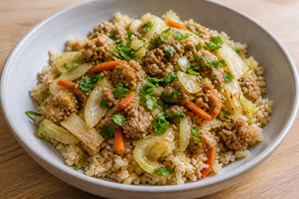 Algerian-Inspired Hypertension-Friendly Turkey Brown Rice Cabbage Bowl