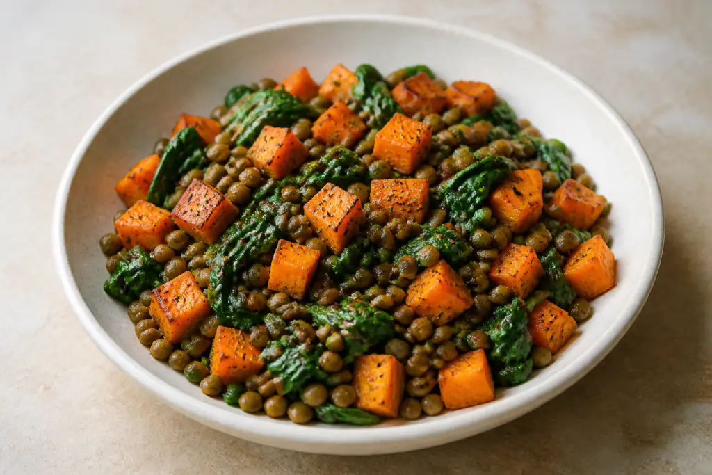 Algerian-Inspired Vegan Lentil Sweet Potato Spinach Bowl
