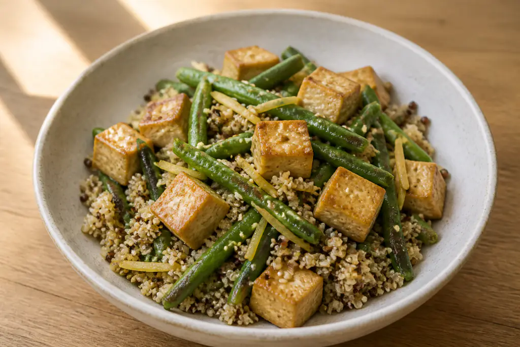 Armenian-Inspired Diabetes-Friendly Tofu Quinoa Green Bean Bowl