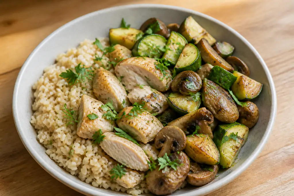 Armenian-Inspired Fatty-Liver-Caution Chicken Brown Rice Mushroom Bowl