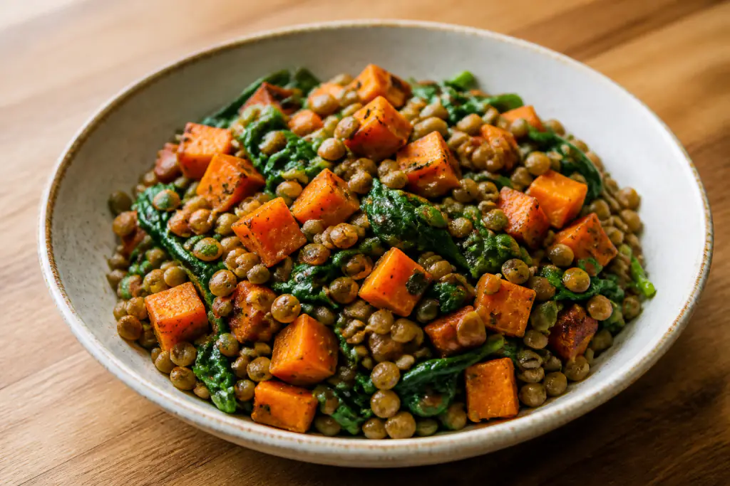 Armenian-Inspired Vegan Lentil Sweet Potato Spinach Bowl