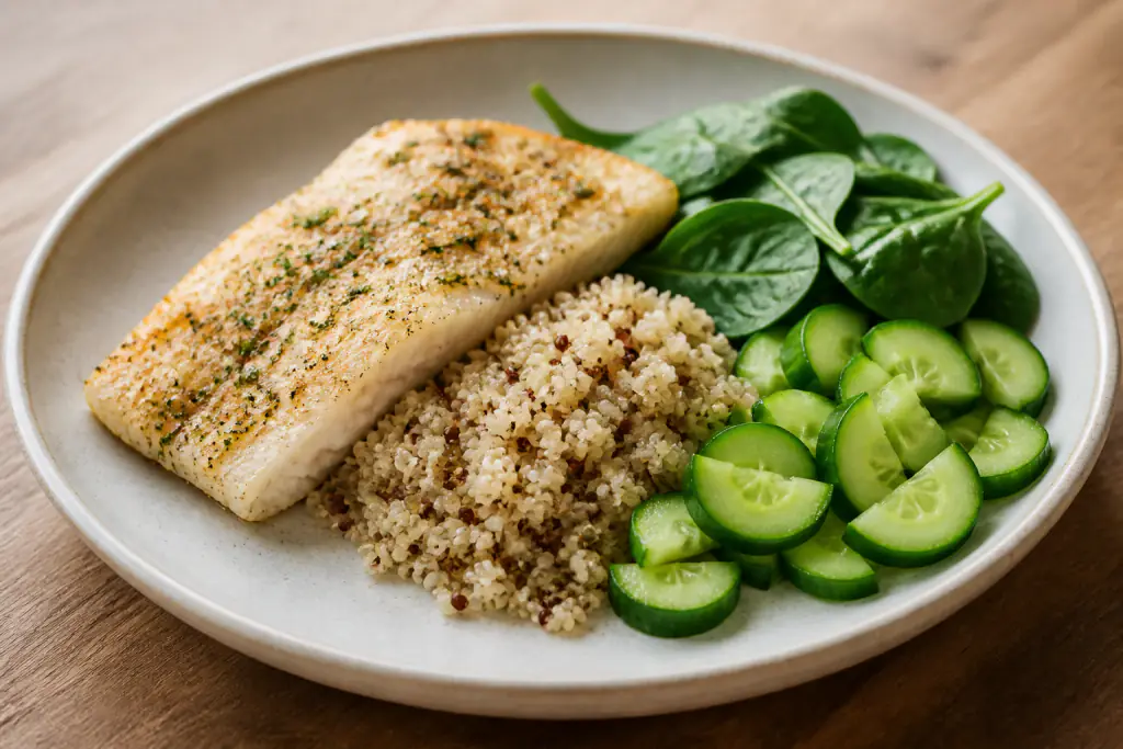 Australian-Inspired Heart-Healthy White Fish Quinoa Cucumber Plate