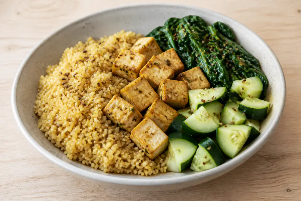 Australian-Inspired PCOS-Friendly Tofu Millet Spinach Bowl
