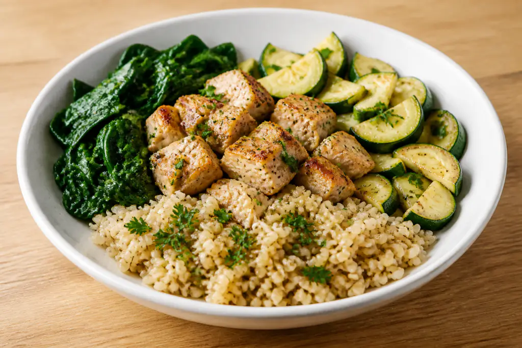 Austrian-Inspired Fatty-Liver-Caution Turkey Brown Rice Greens Bowl