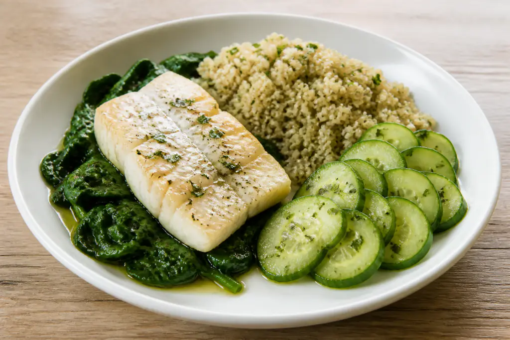 Austrian-Inspired Heart-Healthy White Fish Quinoa Cucumber Plate