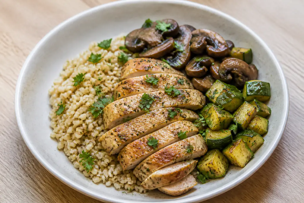 Azerbaijani-Inspired Fatty-Liver-Caution Chicken Brown Rice Mushroom Bowl