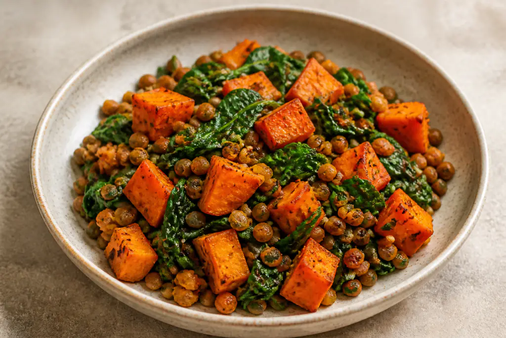 Azerbaijani-Inspired Vegan Lentil Sweet Potato Spinach Bowl