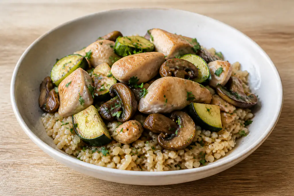 Basque-Inspired Fatty-Liver-Caution Chicken Brown Rice Mushroom Bowl