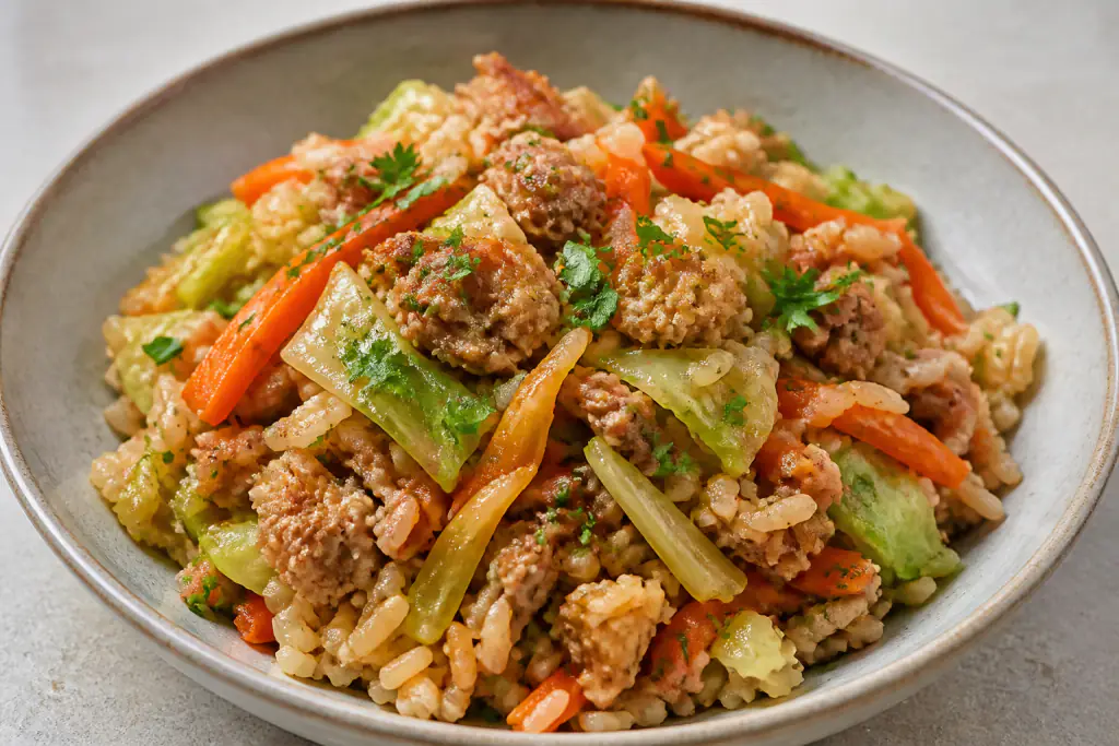 Basque-Inspired Hypertension-Friendly Turkey Brown Rice Cabbage Bowl
