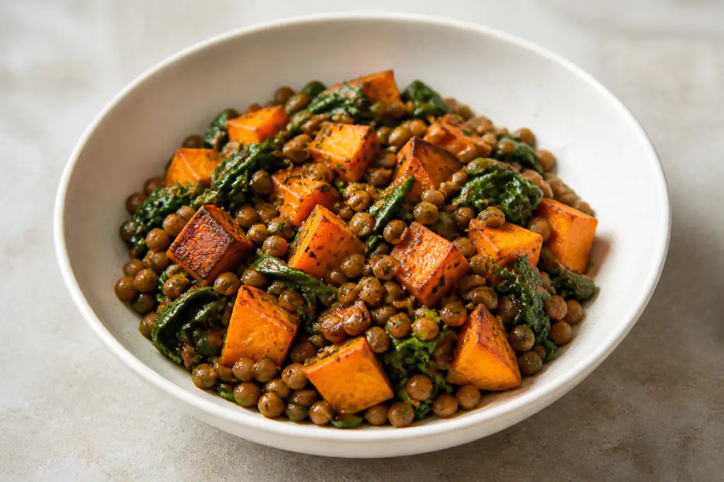 Basque-Inspired Vegan Lentil Sweet Potato Spinach Bowl