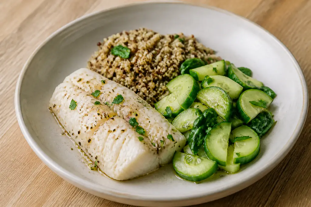 Bavarian-Inspired Heart-Healthy White Fish Quinoa Cucumber Plate