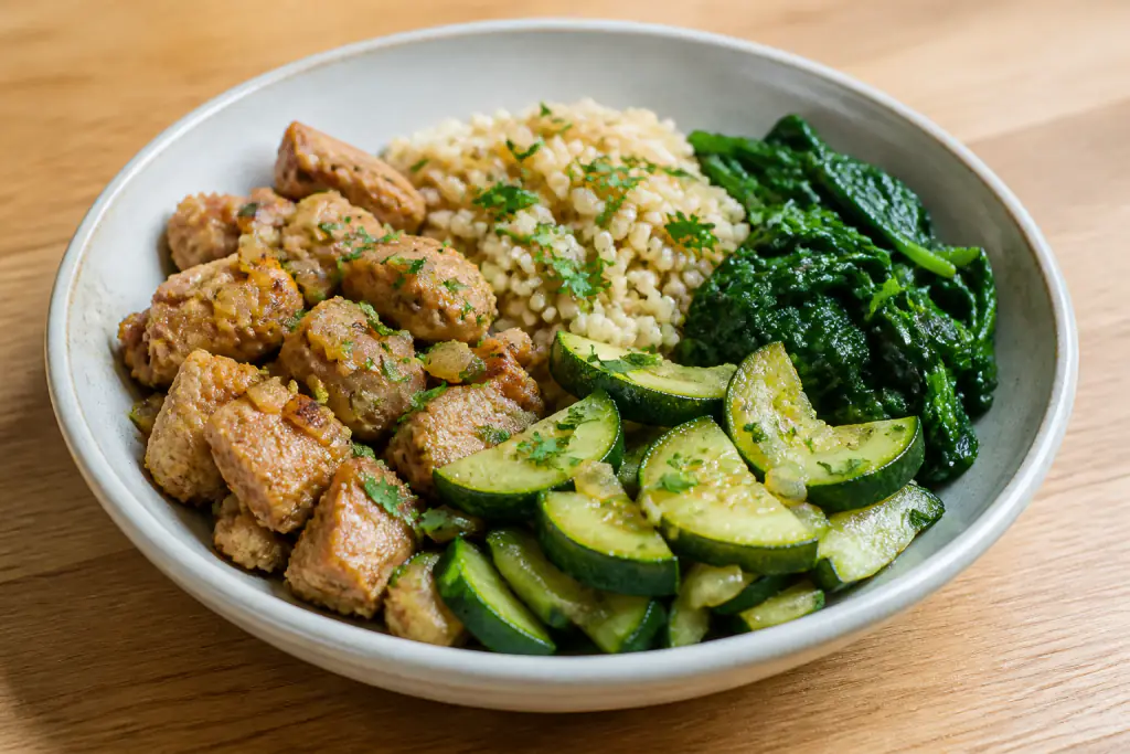 Belgian-Inspired Fatty-Liver-Caution Turkey Brown Rice Greens Bowl