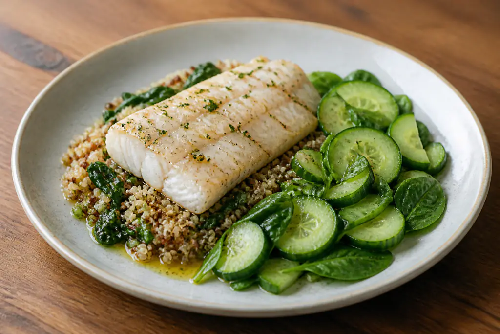 Belgian-Inspired Heart-Healthy White Fish Quinoa Cucumber Plate