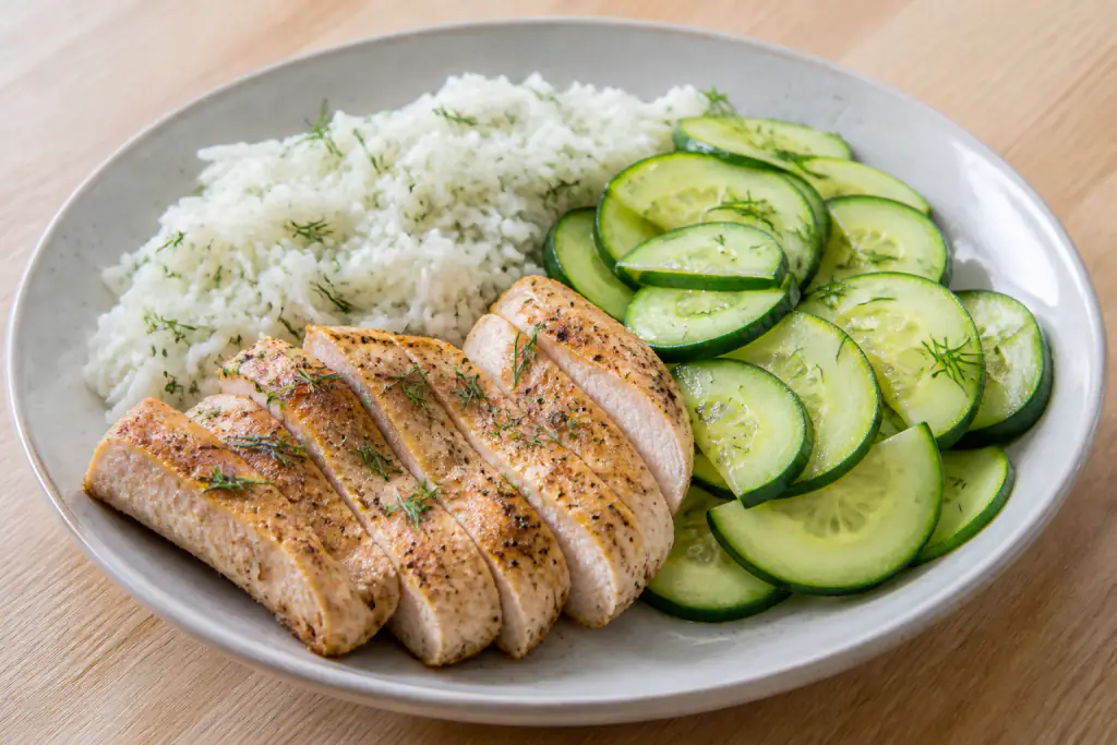 Belgian-Inspired Kidney-Caution Chicken Rice Cucumber Plate
