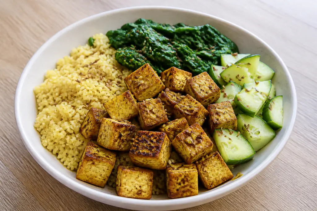 Belgian-Inspired PCOS-Friendly Tofu Millet Spinach Bowl