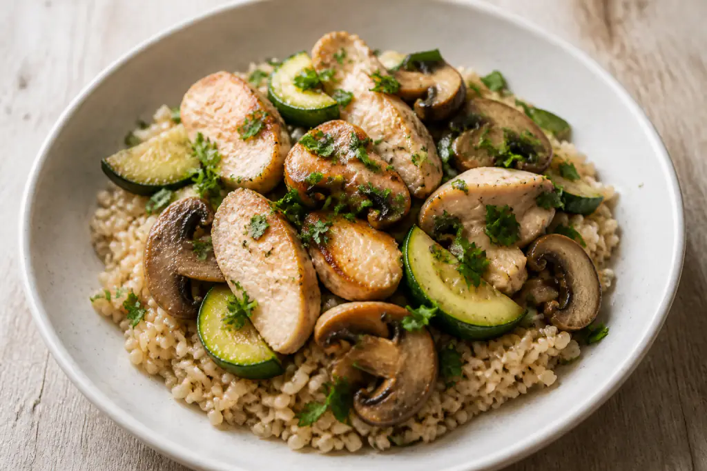 Bulgarian-Inspired Fatty-Liver-Caution Chicken Brown Rice Mushroom Bowl