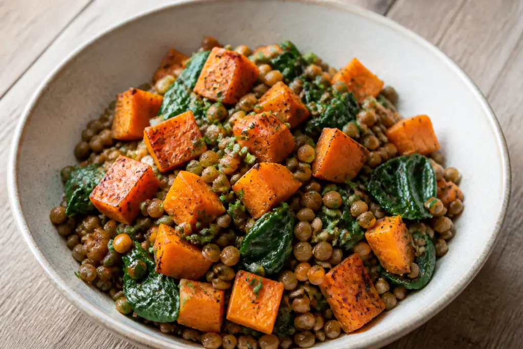 Cape Malay-Inspired Vegan Lentil Sweet Potato Spinach Bowl