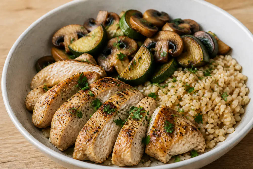 Catalan-Inspired Fatty-Liver-Caution Chicken Brown Rice Mushroom Bowl