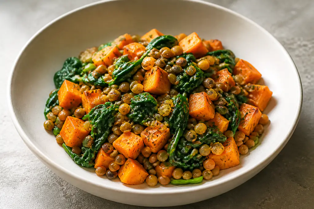 Catalan-Inspired Vegan Lentil Sweet Potato Spinach Bowl