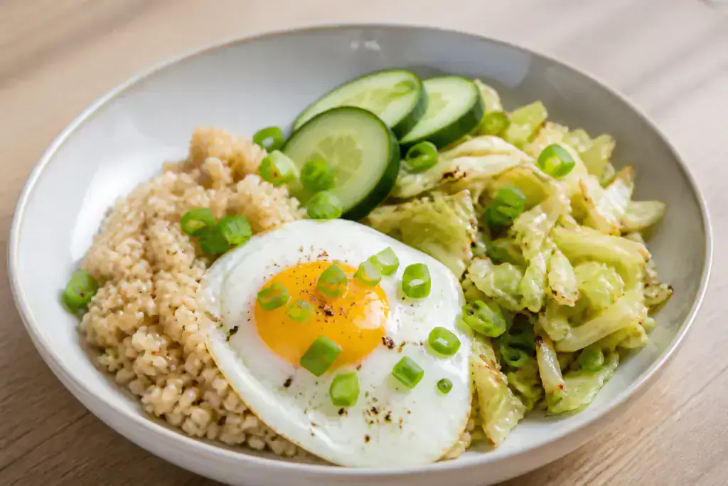 Chilean-Inspired Diabetes-Friendly Egg Brown Rice Cabbage Plate