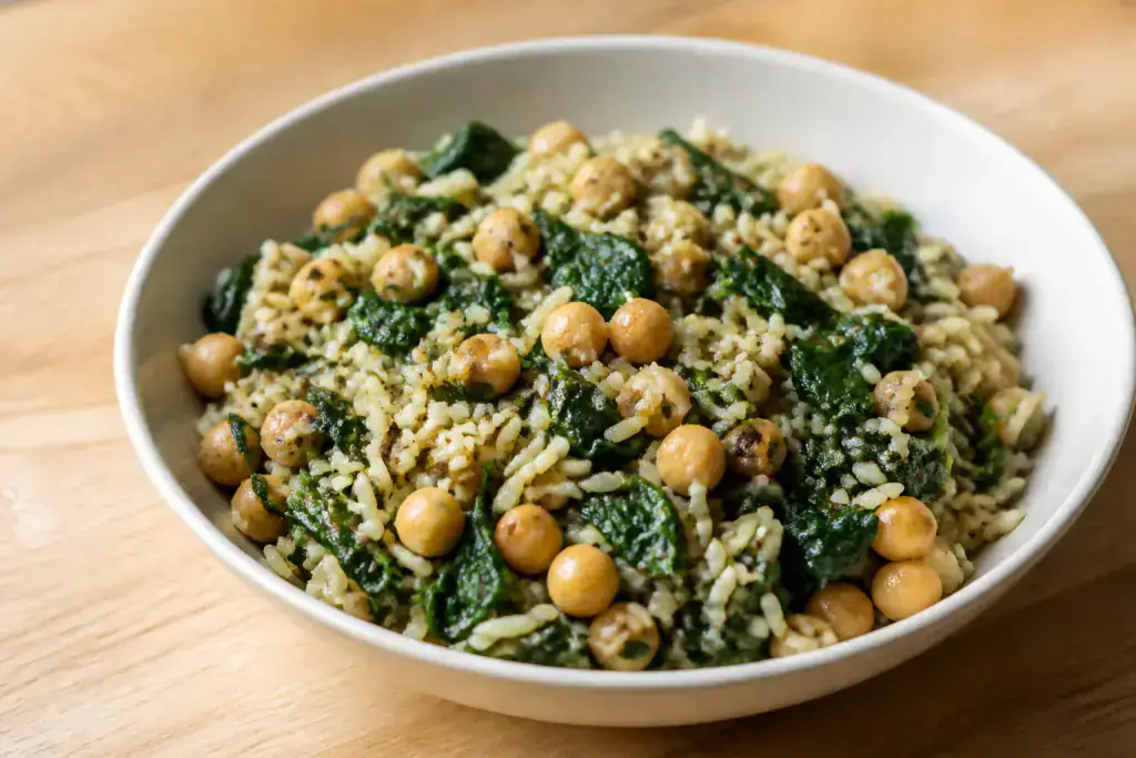 Chilean-Inspired Vegan Chickpea Spinach Rice Bowl