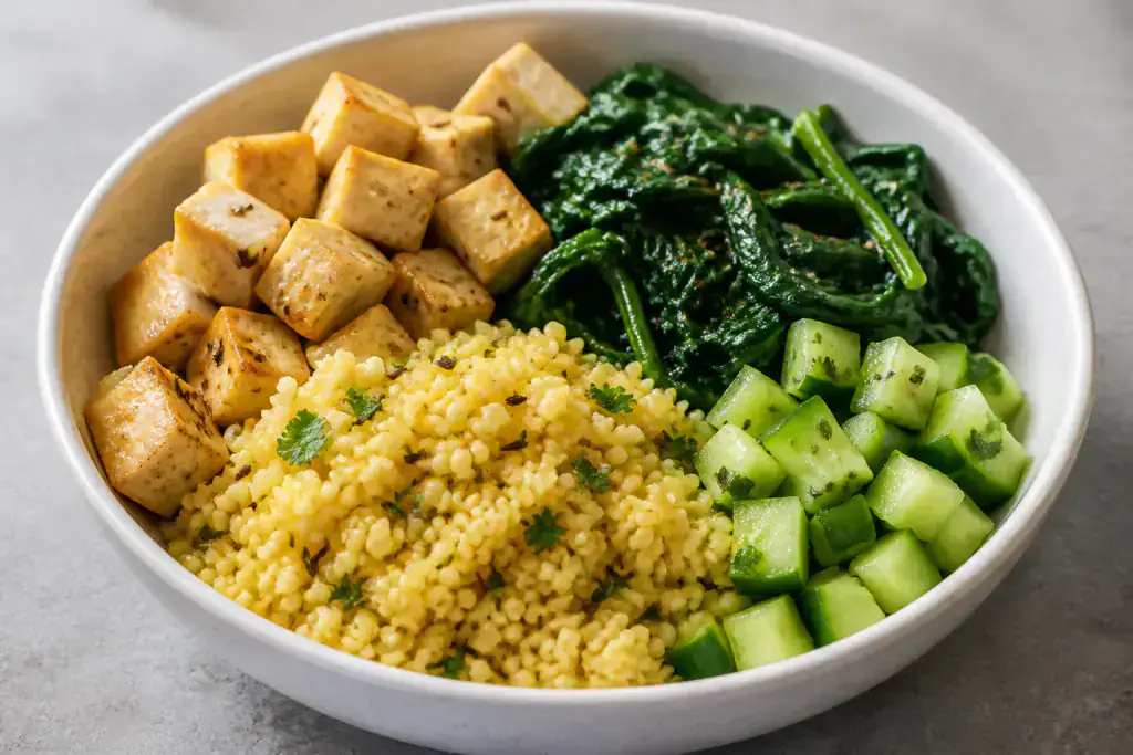 Chinese-Inspired PCOS-Friendly Tofu Millet Greens Bowl