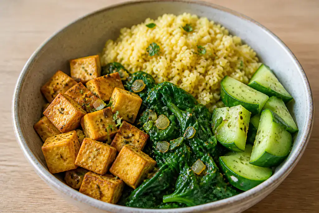 Colombian-Inspired PCOS-Friendly Tofu Millet Greens Bowl