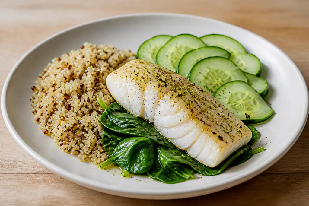 Costa Rican-Inspired Heart-Healthy White Fish Quinoa Cucumber Plate