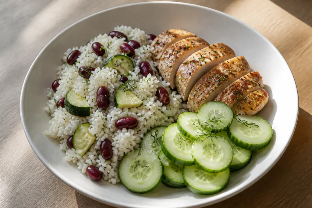 Costa Rican-Inspired Kidney-Caution Chicken Rice Cucumber Plate