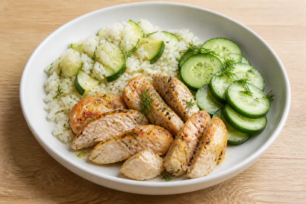 Croatian-Inspired Kidney-Caution Chicken Rice Cucumber Plate