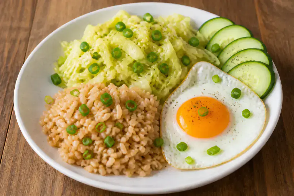 Cuban-Inspired Diabetes-Friendly Egg Brown Rice Cabbage Plate