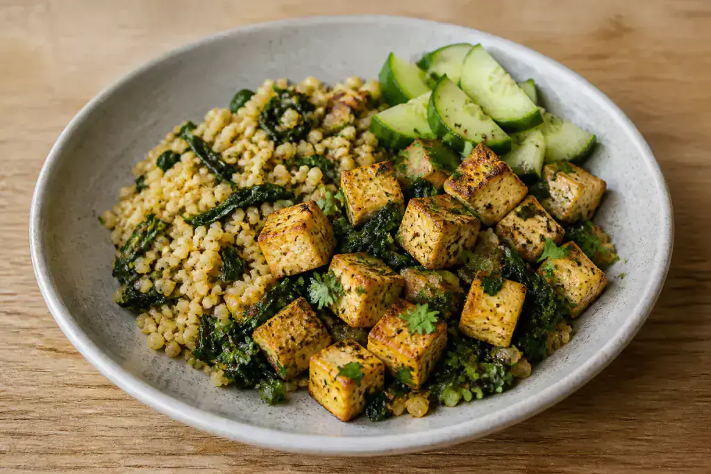Cuban-Inspired PCOS-Friendly Tofu Millet Greens Bowl