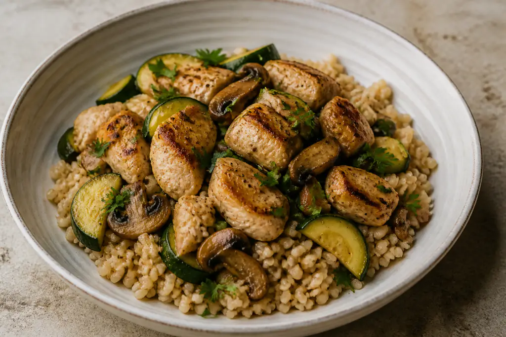 Czech-Inspired Fatty-Liver-Caution Chicken Brown Rice Mushroom Bowl