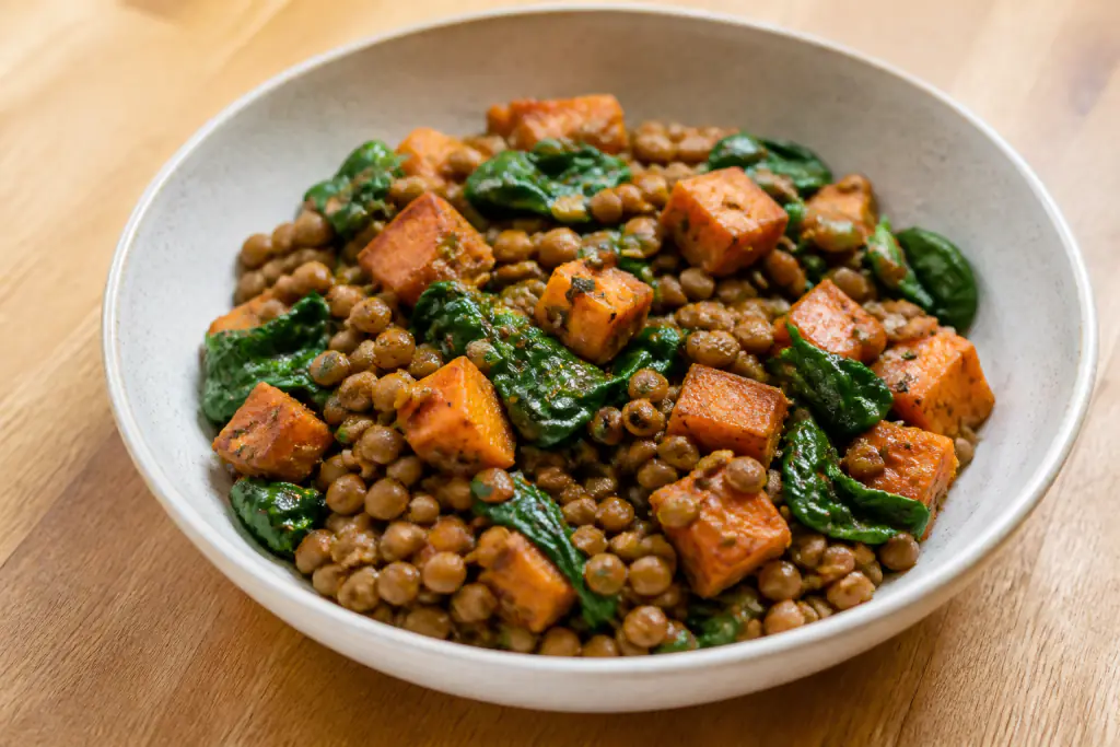 Czech-Inspired Vegan Lentil Sweet Potato Spinach Bowl