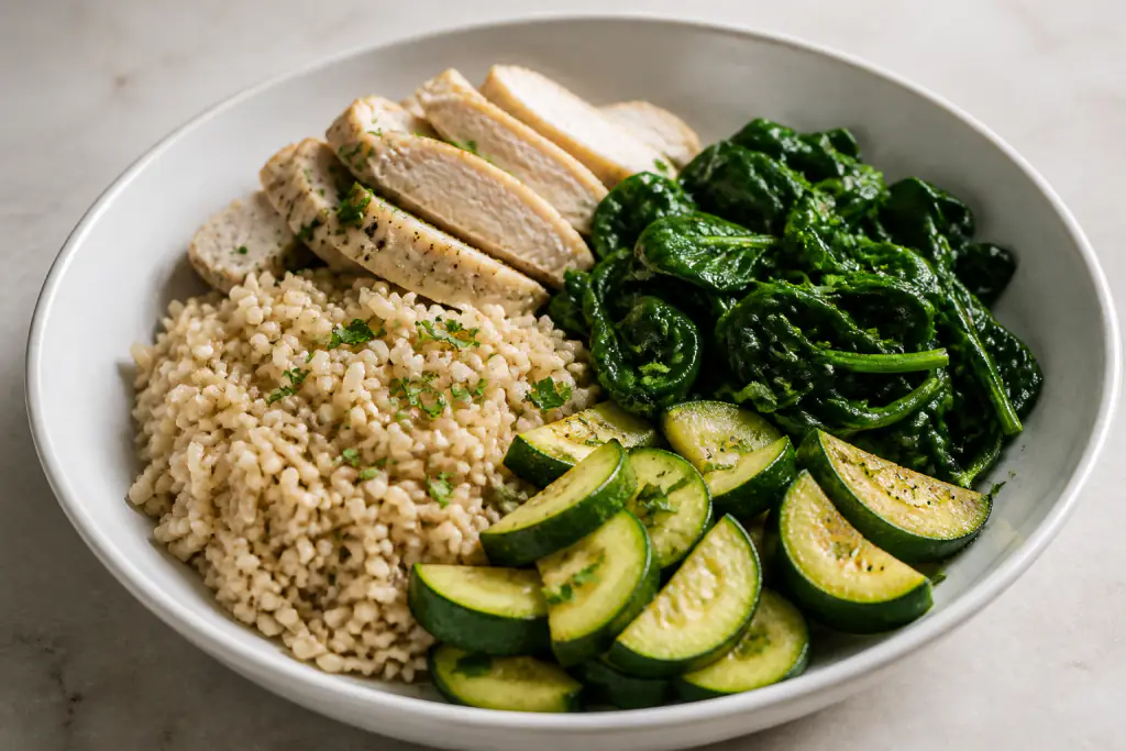 Danish-Inspired Fatty-Liver-Caution Turkey Brown Rice Greens Bowl