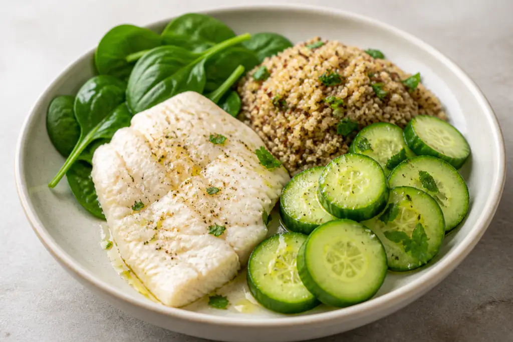 Danish-Inspired Heart-Healthy White Fish Quinoa Cucumber Plate