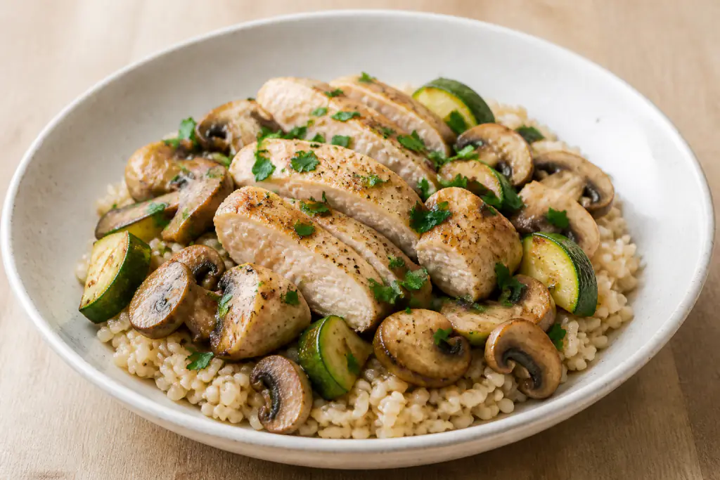Dutch-Inspired Fatty-Liver-Caution Chicken Brown Rice Mushroom Bowl