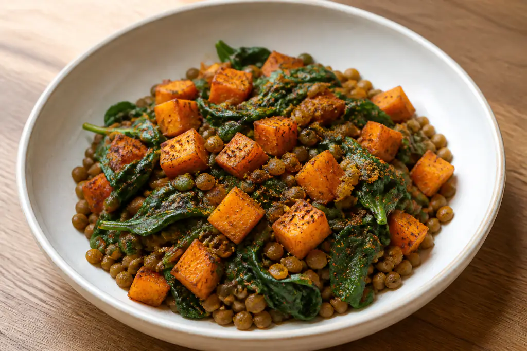 Dutch-Inspired Vegan Lentil Sweet Potato Spinach Bowl