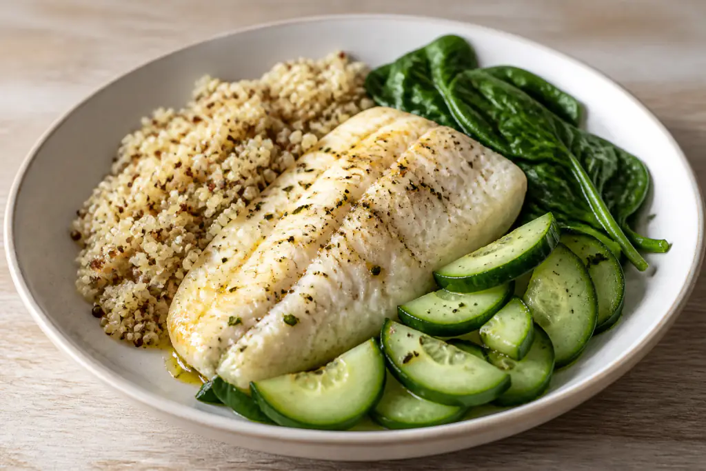 Ecuadorian-Inspired Heart-Healthy White Fish Quinoa Cucumber Plate