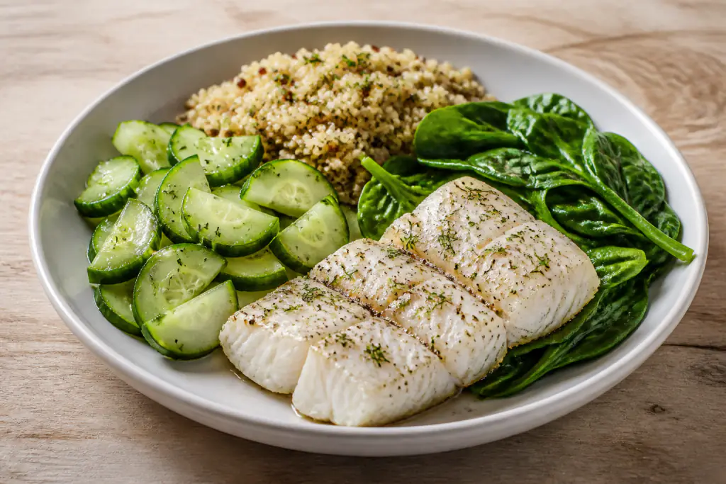 Estonian-Inspired Heart-Healthy White Fish Quinoa Cucumber Plate