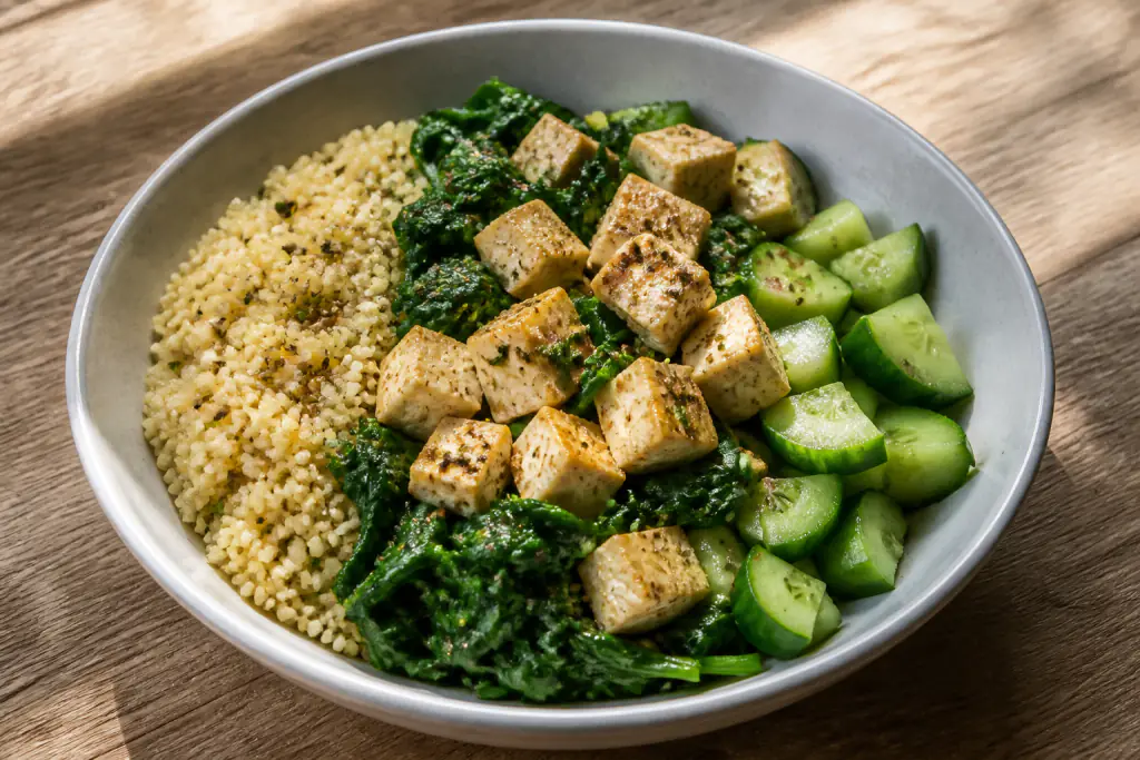 Estonian-Inspired PCOS-Friendly Tofu Millet Spinach Bowl