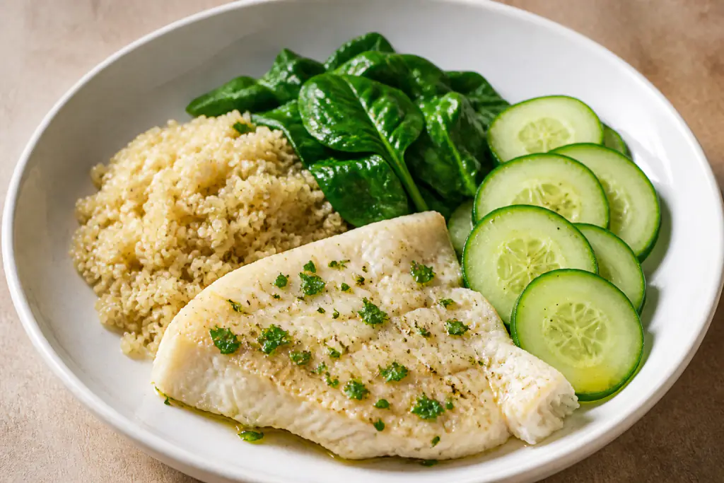 Fijian-Inspired Heart-Healthy White Fish Quinoa Cucumber Plate