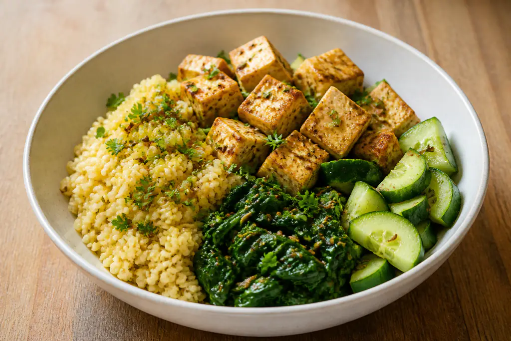 Fijian-Inspired PCOS-Friendly Tofu Millet Spinach Bowl