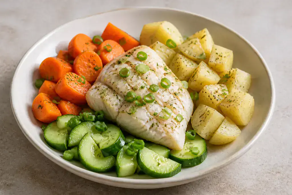 French Low-FODMAP-Style Fish Potato Carrot Bowl