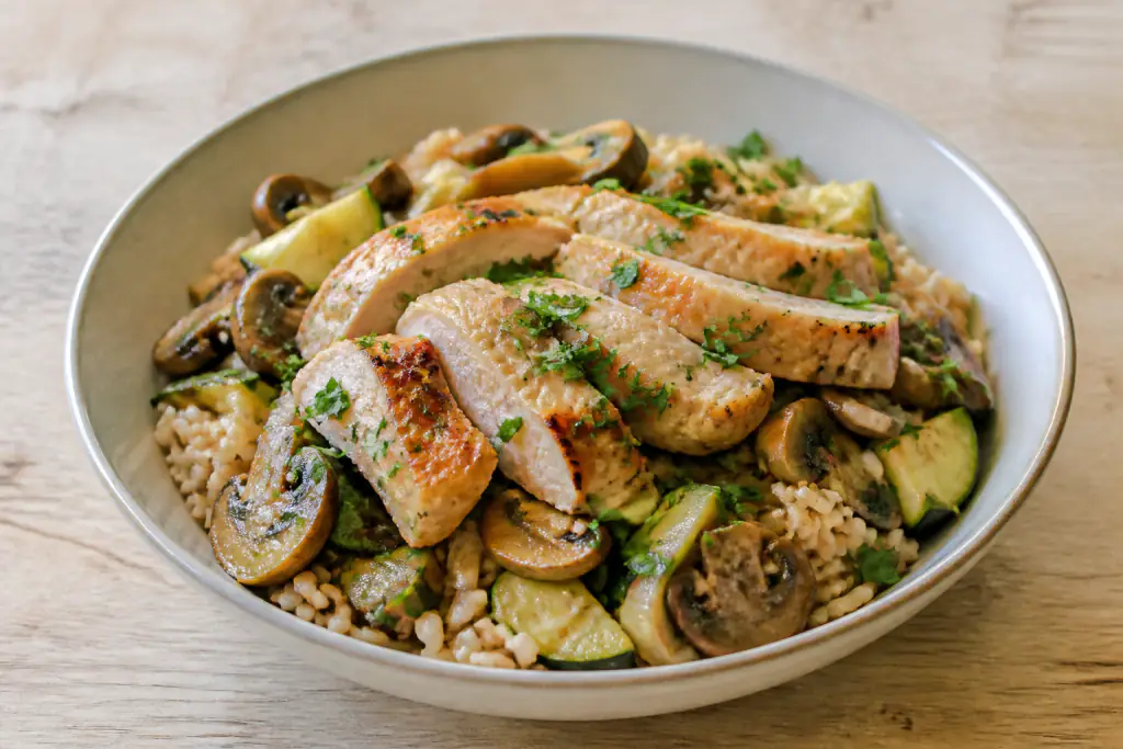 Georgian-Inspired Fatty-Liver-Caution Chicken Brown Rice Mushroom Bowl
